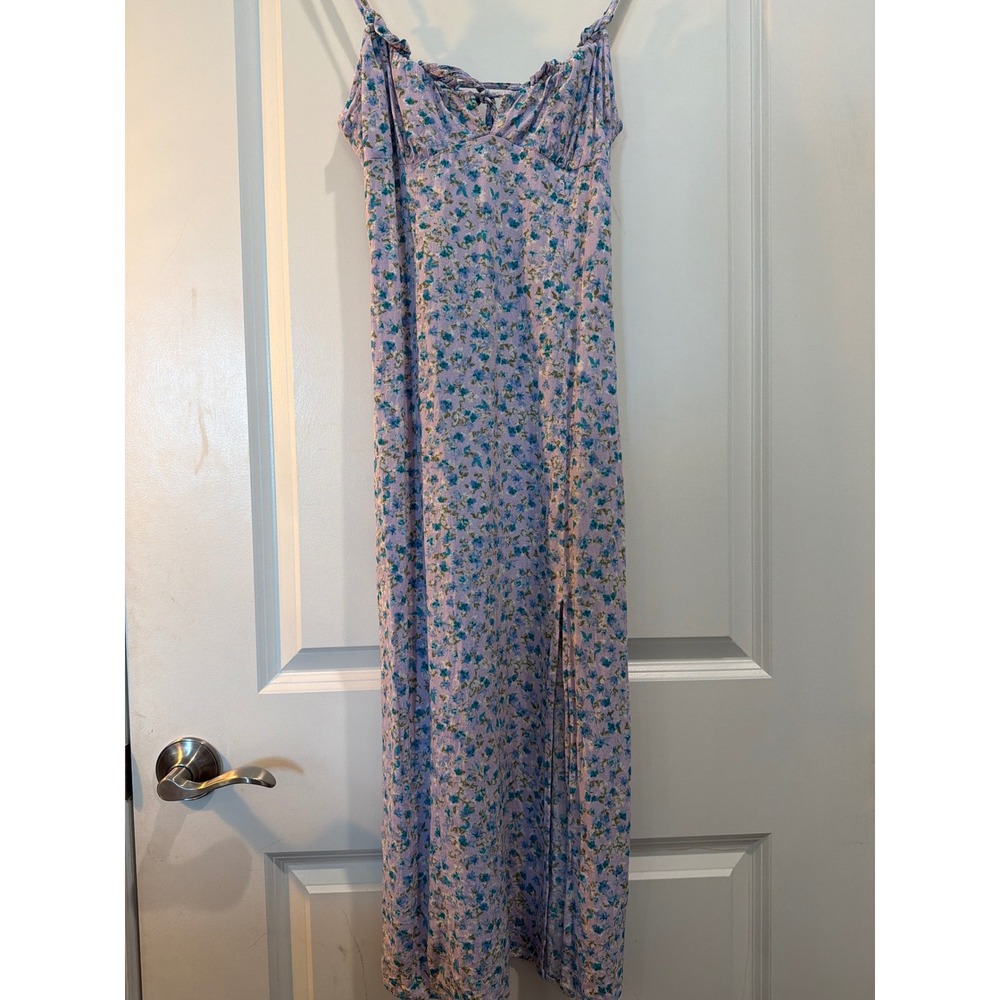 Aeropostale Purple Floral Midi Dress Small Sleeveless Ruffle Tie Back Slit Y2K